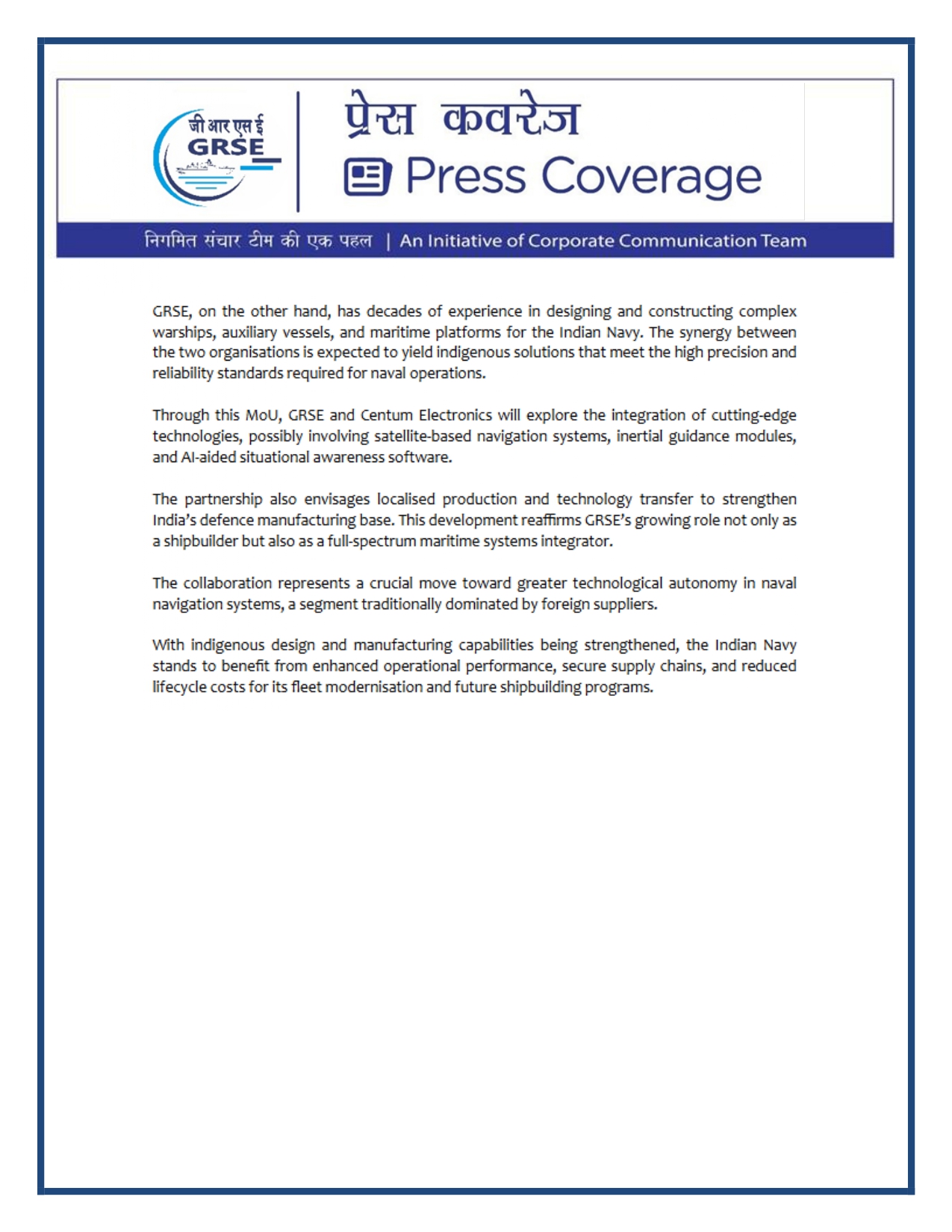 Press Coverage : 10 Oct 25:GRSE signs MoU for high-tech navigation system